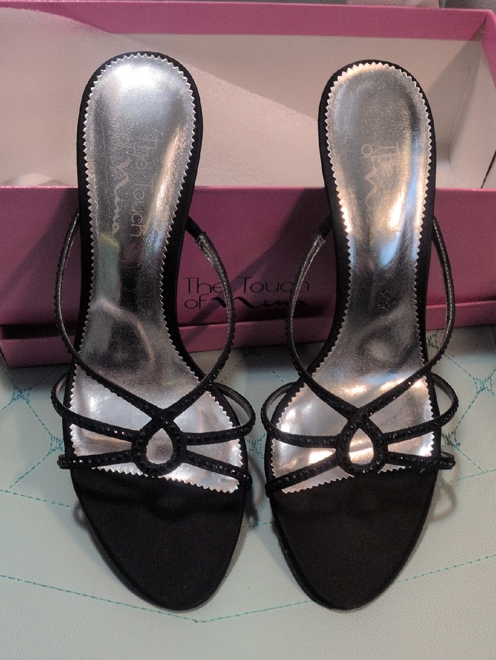 Touch of Nina Black Strappy Open-Toe Heels with Silver Insole